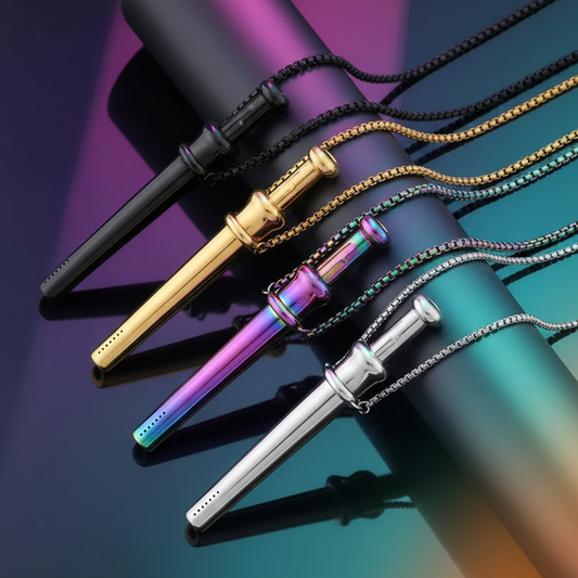 Close up of stainless steel straw bumper necklaces for raves and festivals